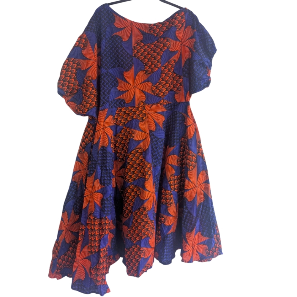 OFUURE Blue Orange African Print Asymmetrical Shoulder Midi Dress. NWT. 3XL